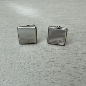 White Mother of Pearl Squares Silver Tone Vintage Cuff Links